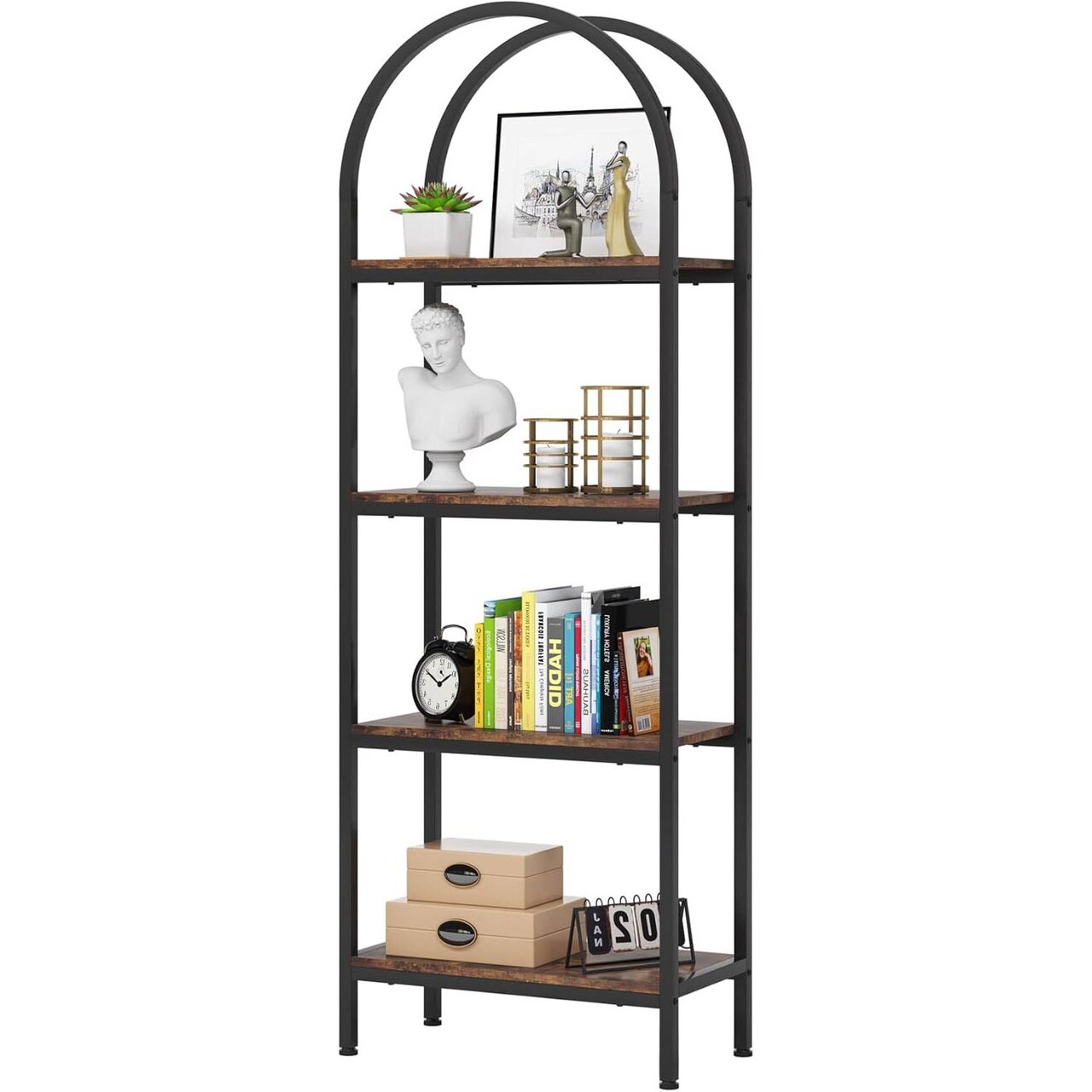 5-Tier Rustic Brown Wood and Metal Display Shelf Versatile Storage for Living Room and Office
